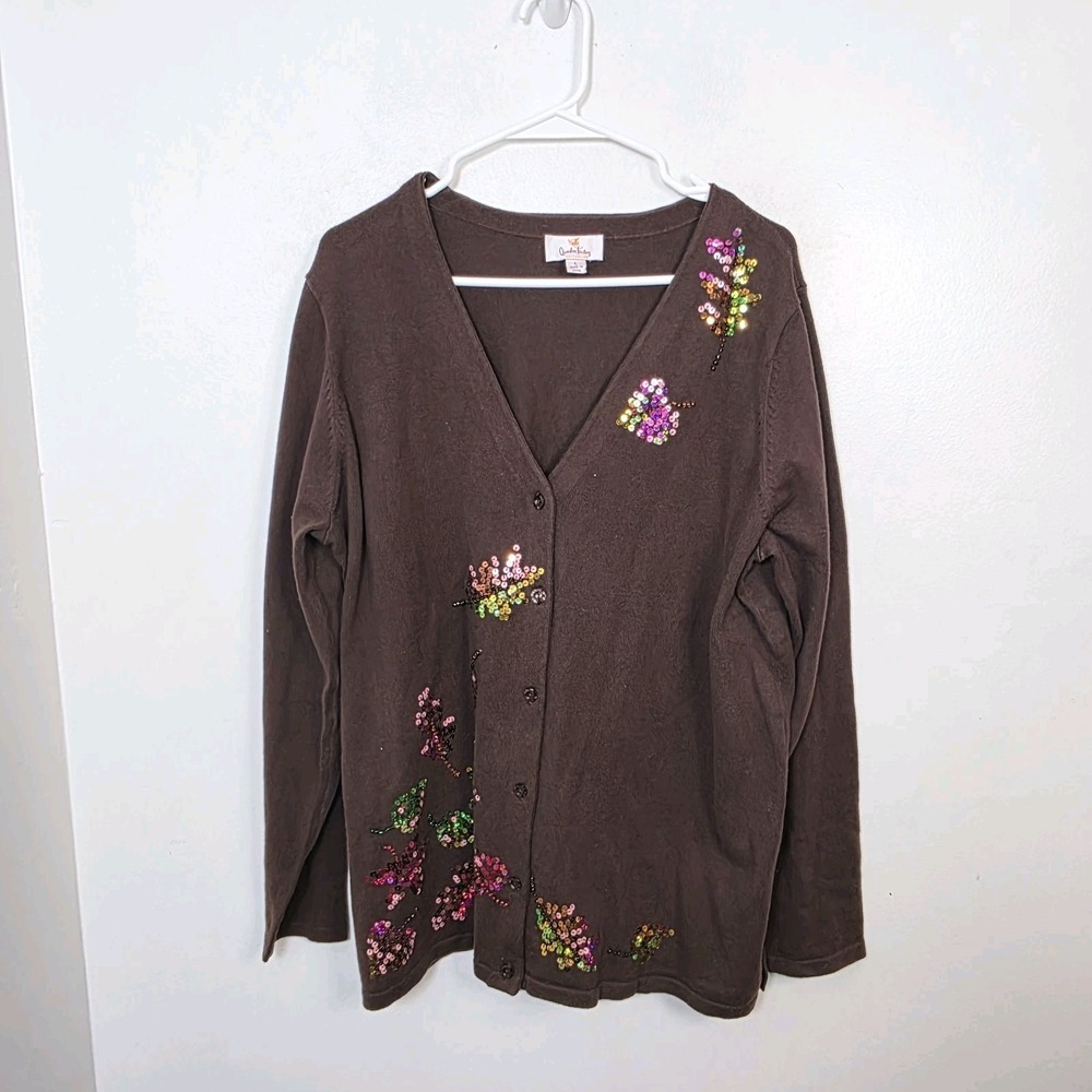 Quacker Factory Brown Colorful Sequin Leaves Artsy Button Up Cardigan Size L